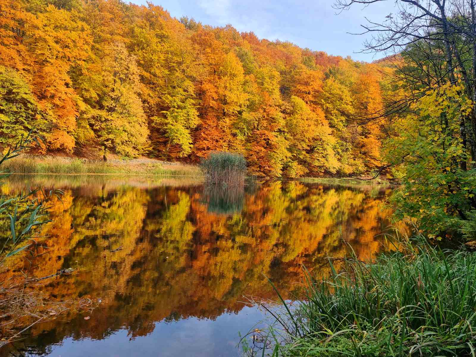 Jankovačko jezero u jesen, okruženo šumom u jesenskim bojama u Parku prirode Papuk.